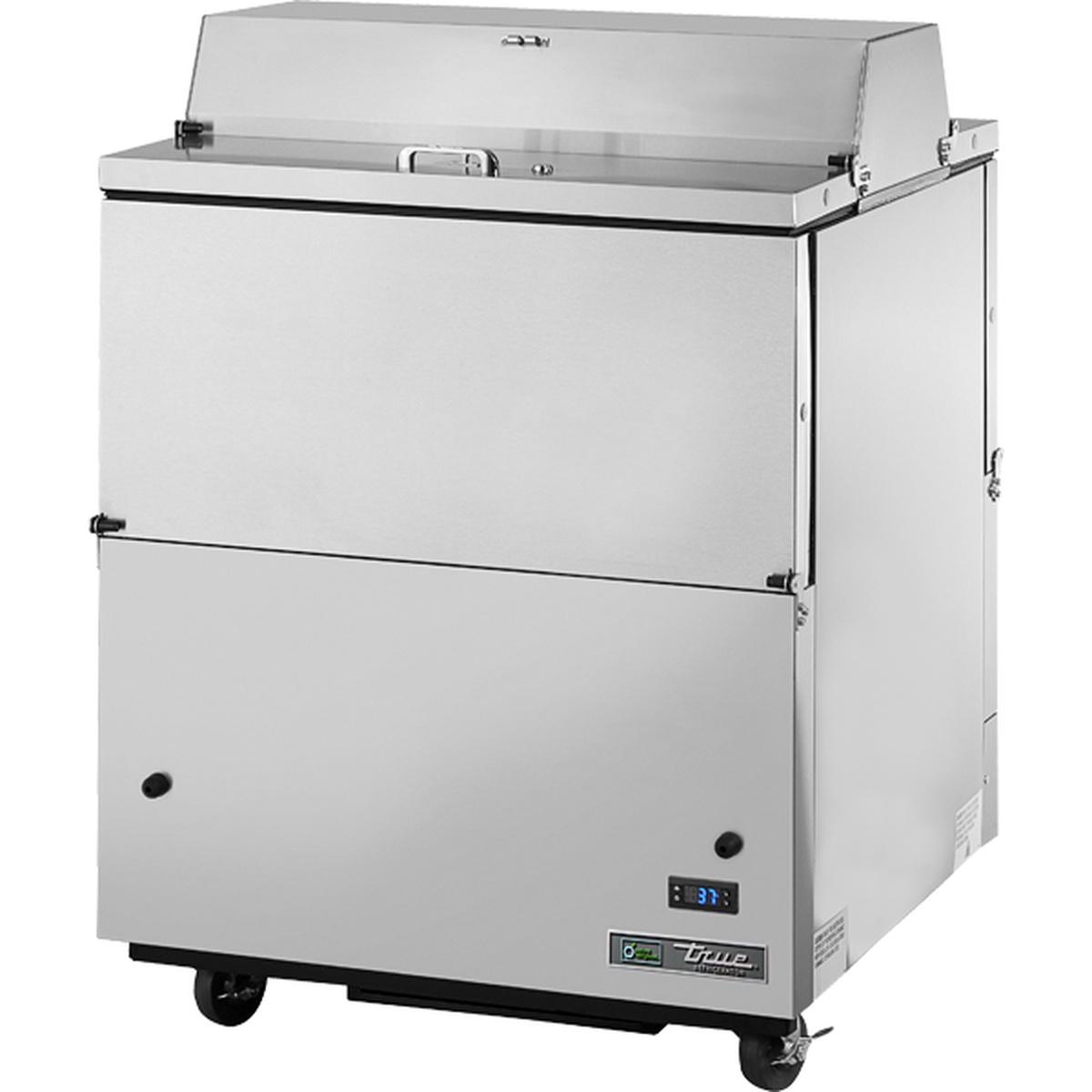 True TMC-34-S-DS-HC dual-sided stainless steel milk cooler with flip-up top doors and digital thermometer display