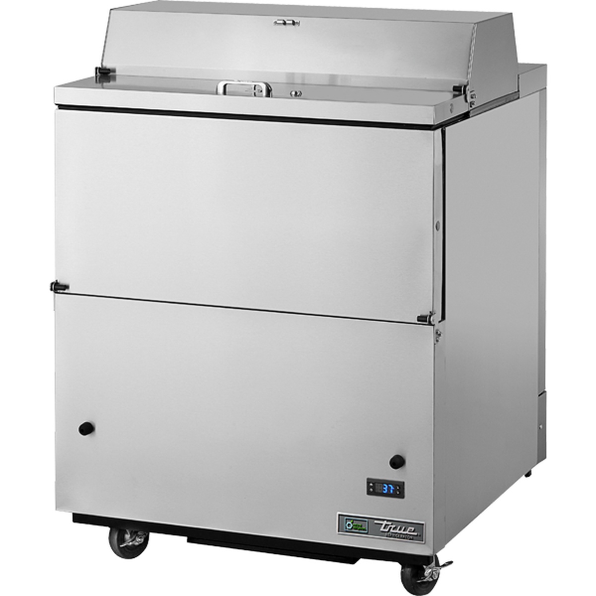 True TMC-34-SS-HC stainless steel mobile milk cooler with flip-up lid, digital thermometer display, and 4-inch castors