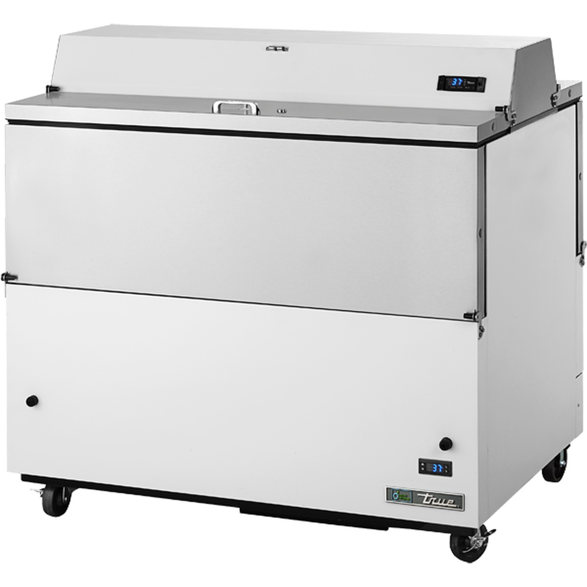 True TMC-49-DS-HC mobile milk cooler, white exterior with stainless steel top panel, dual lift doors, digital display, and heavy-duty castors