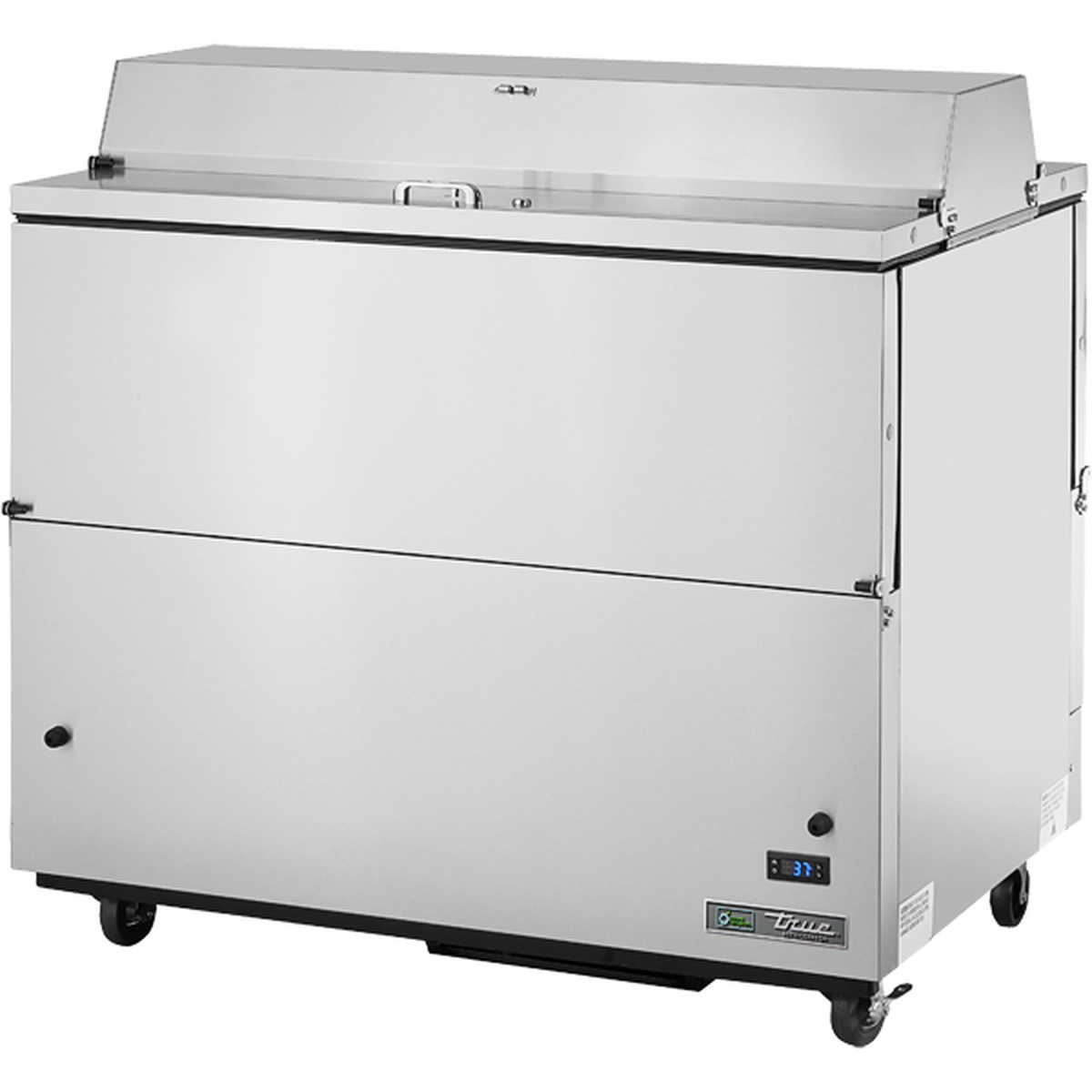 True Manufacturing TMC-49-S-DS-HC stainless steel dual-sided mobile milk cooler with flip-up lids and digital thermometer display