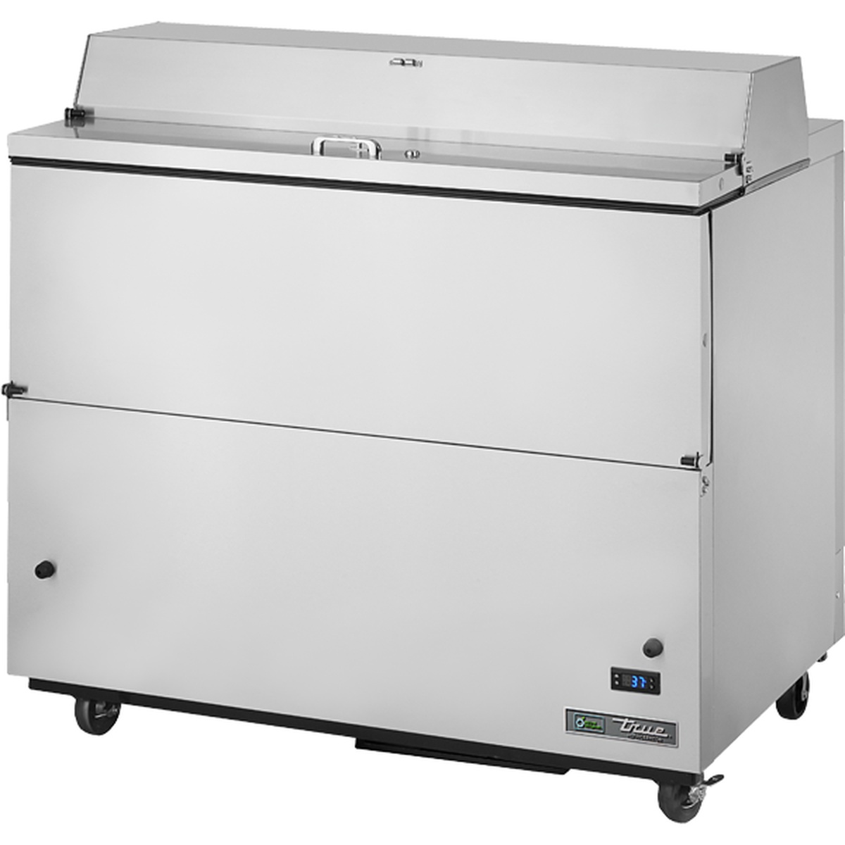 True TMC-49-S-HC stainless steel mobile milk cooler with digital temperature display and casters