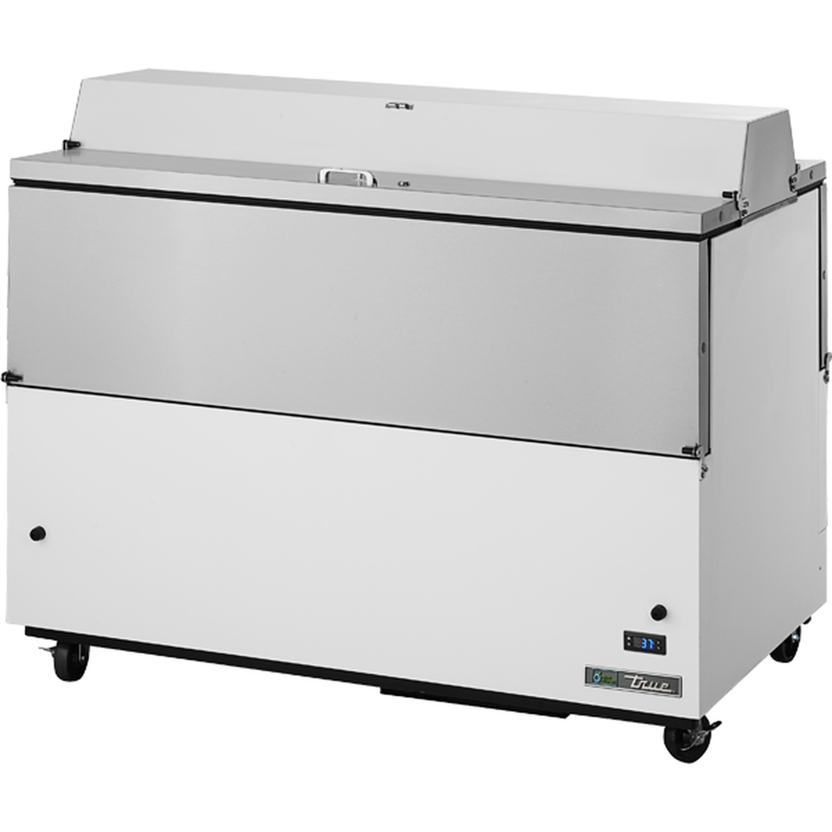 True TMC-58-DS-SS-HC dual-sided milk cooler with white vinyl exterior and stainless steel flip-up top door