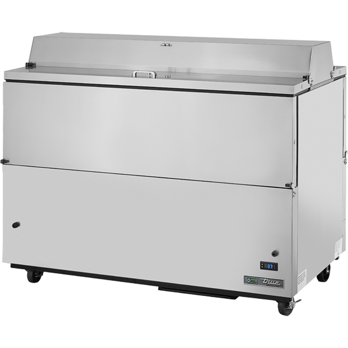 True TMC-58-S-DS-SS-HC 58-inch stainless steel dual-sided milk cooler with flip-up top door and drop-front lower door, digital temperature display on exterior