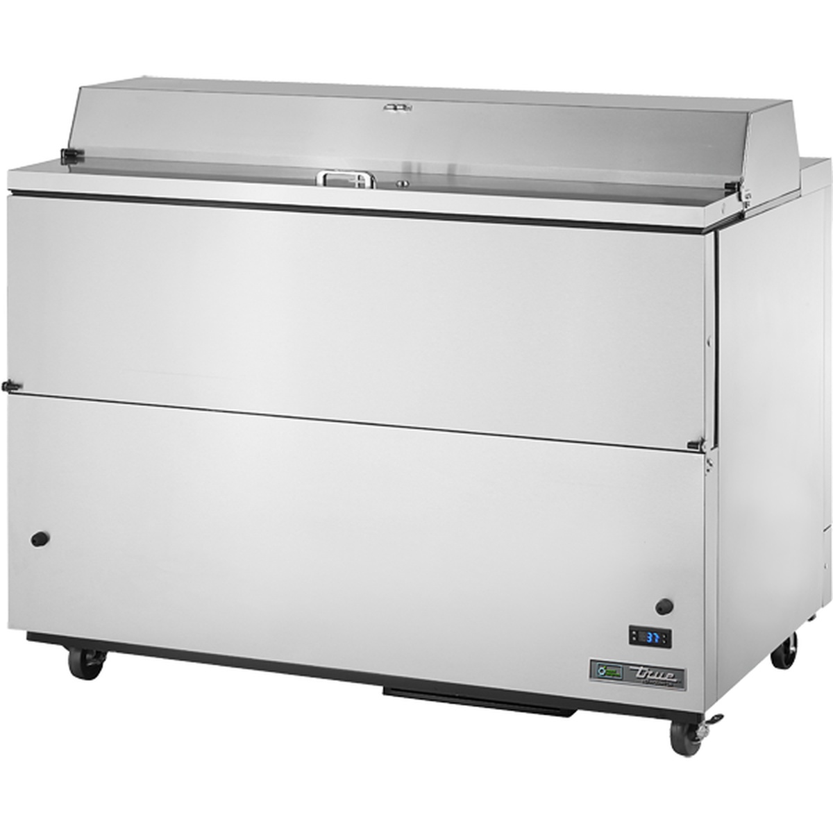 True TMC-58-S-HC stainless steel mobile milk cooler with flip-up top door and front drop-down door, shown on four castors with external digital temperature display