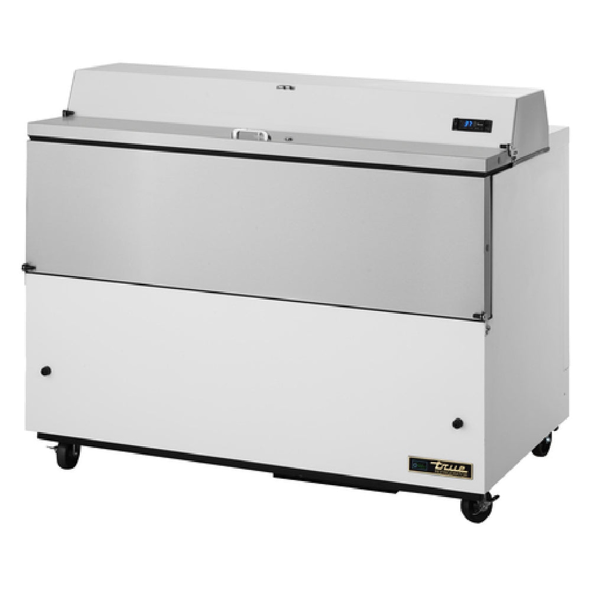 True TMC-58-SS-HC mobile milk cooler with stainless steel upper drop-front lid and white vinyl lower exterior on heavy-duty casters