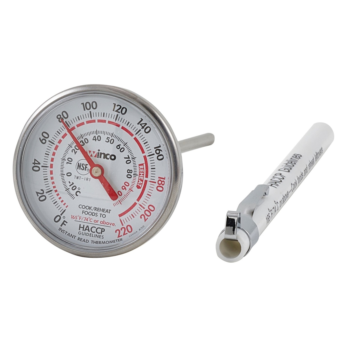 Winco TMT-IR1 instant read dial thermometer with 1-3/4 inch face showing HACCP guidelines and detached protective sleeve with pocket clip