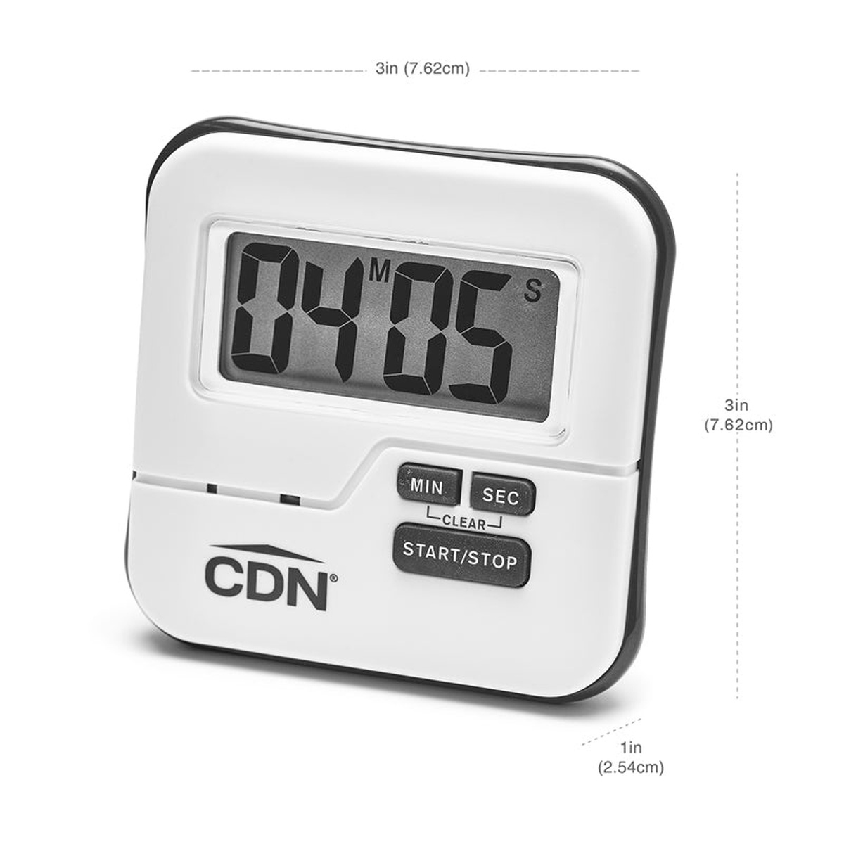 CDN TMW1 timer with dimension callouts: 3 inches wide, 3 inches tall, and 1 inch deep