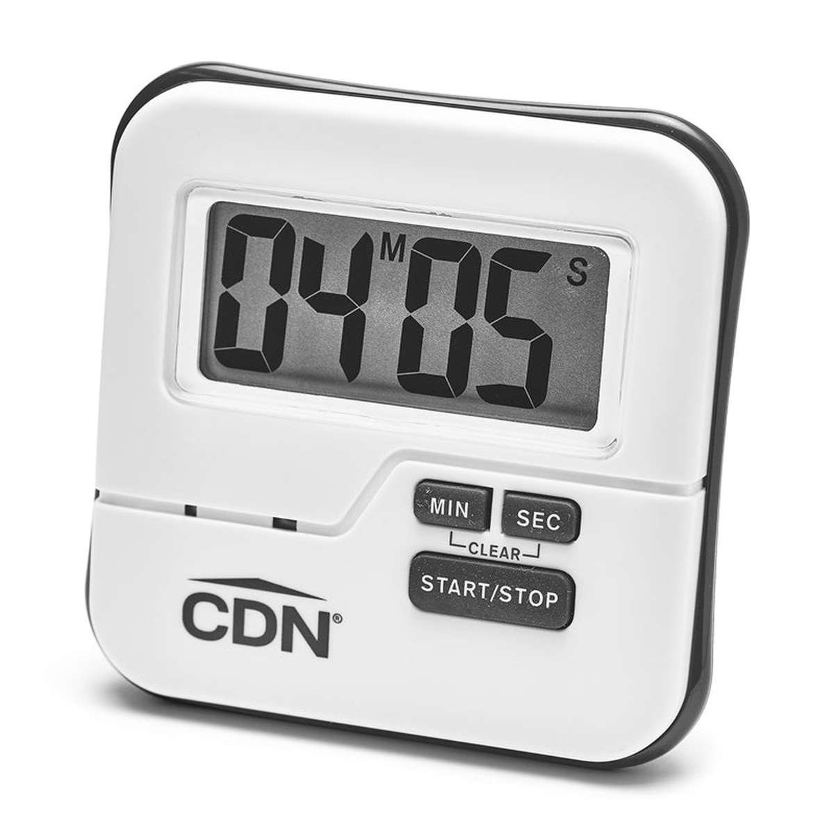 CDN TMW1 waterproof digital kitchen timer, front view showing large LCD display and MIN, SEC, START/STOP buttons