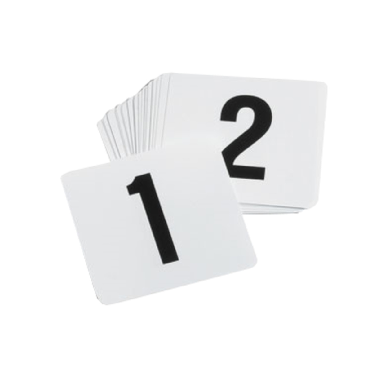 TableCraft TN100 white plastic number cards 1 and 2 fanned out on white background