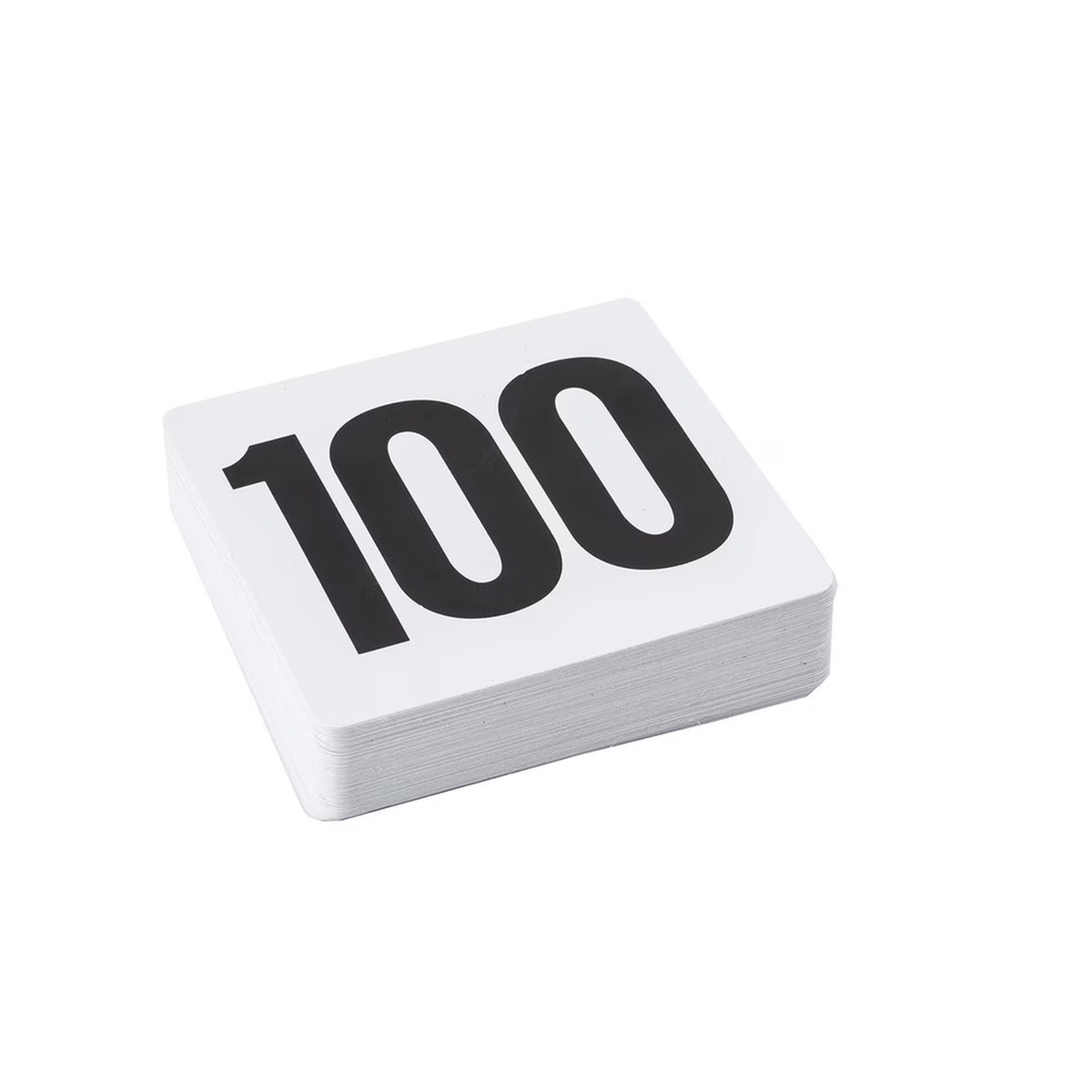 Stack of TableCraft TN100 white plastic number cards with card number 100 on top