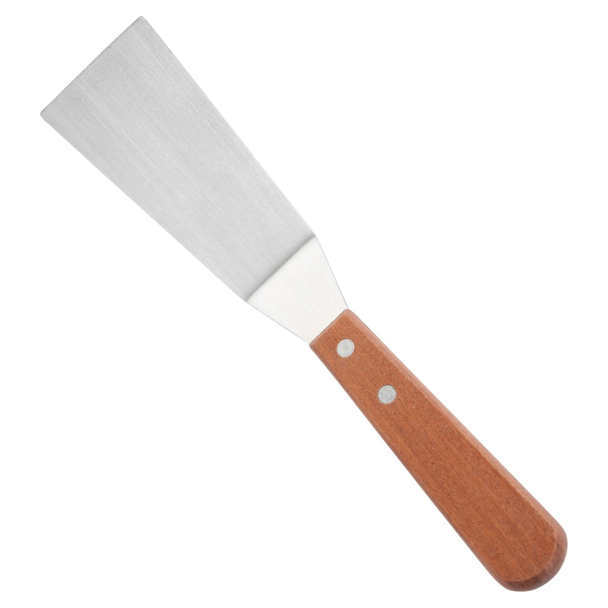 Winco TN165 grill spatula with offset stainless steel blade and riveted wooden handle on white background