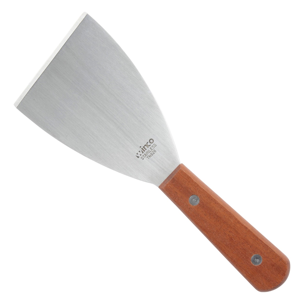 Winco TN526 grill scraper with stainless steel satin-finish blade and riveted wooden handle