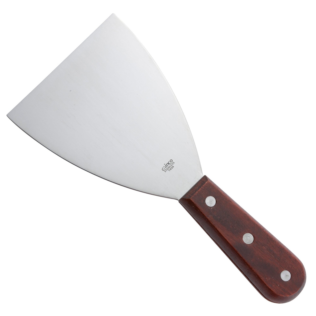 Winco TN54 grill scraper with wide stainless steel blade and riveted wooden handle on white background