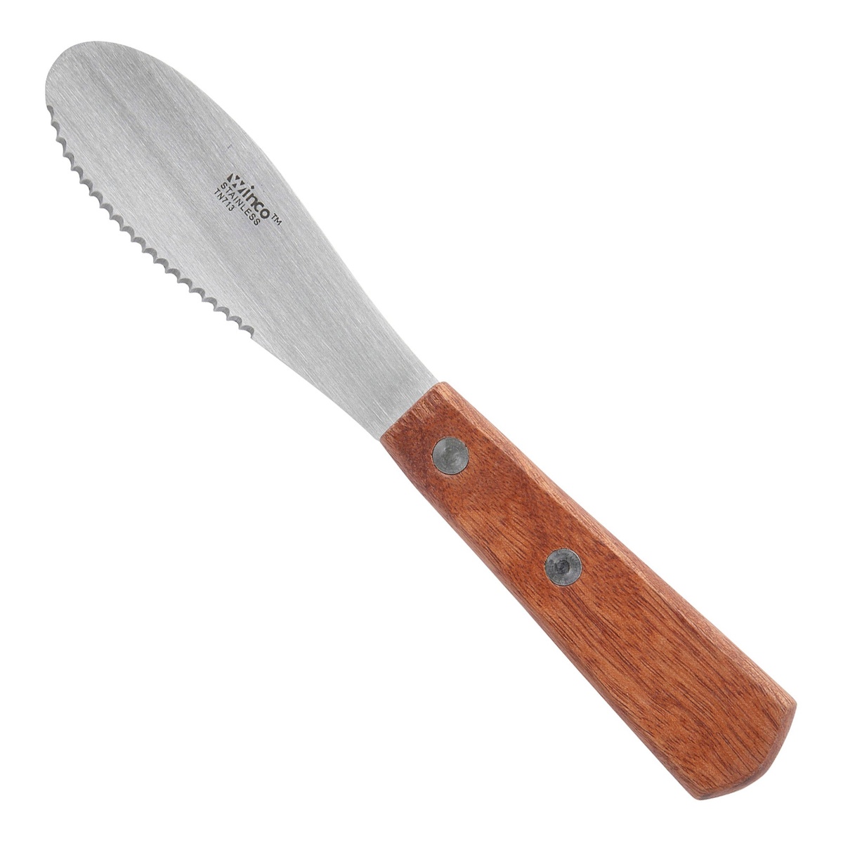 Winco TN713 sandwich spreader showing serrated stainless steel blade and brown wooden handle with rivets