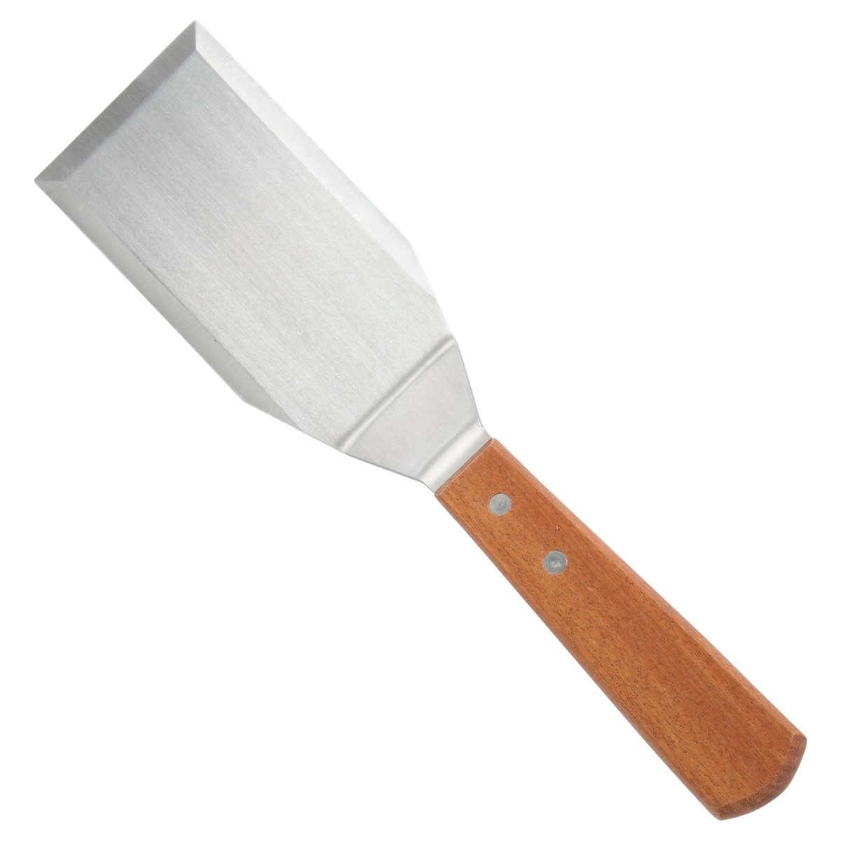 Winco TN719 hamburger turner with satin-finish stainless steel blade and brown wooden handle