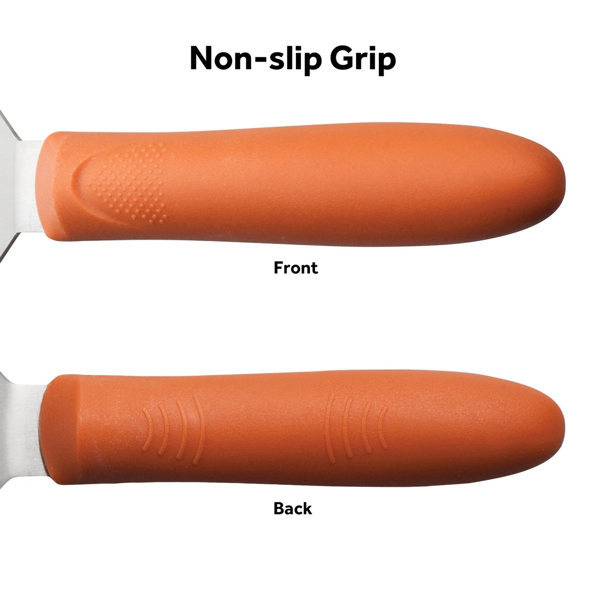Close-up front and back views of the orange nylon non-slip grip handle on the Winco TNH-60 fish spatula