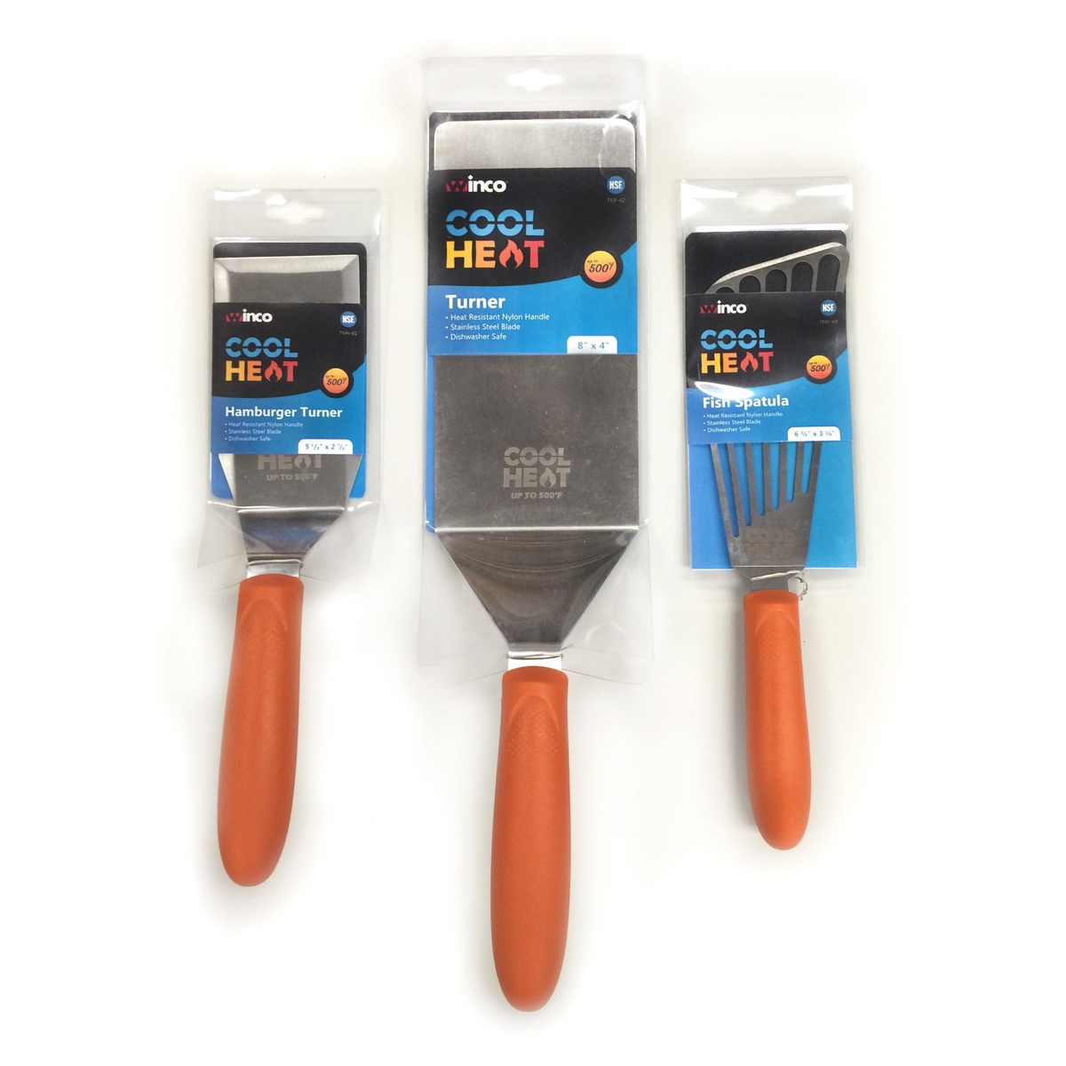 Winco Cool Heat turner series including hamburger turner and fish spatula with orange nylon handles