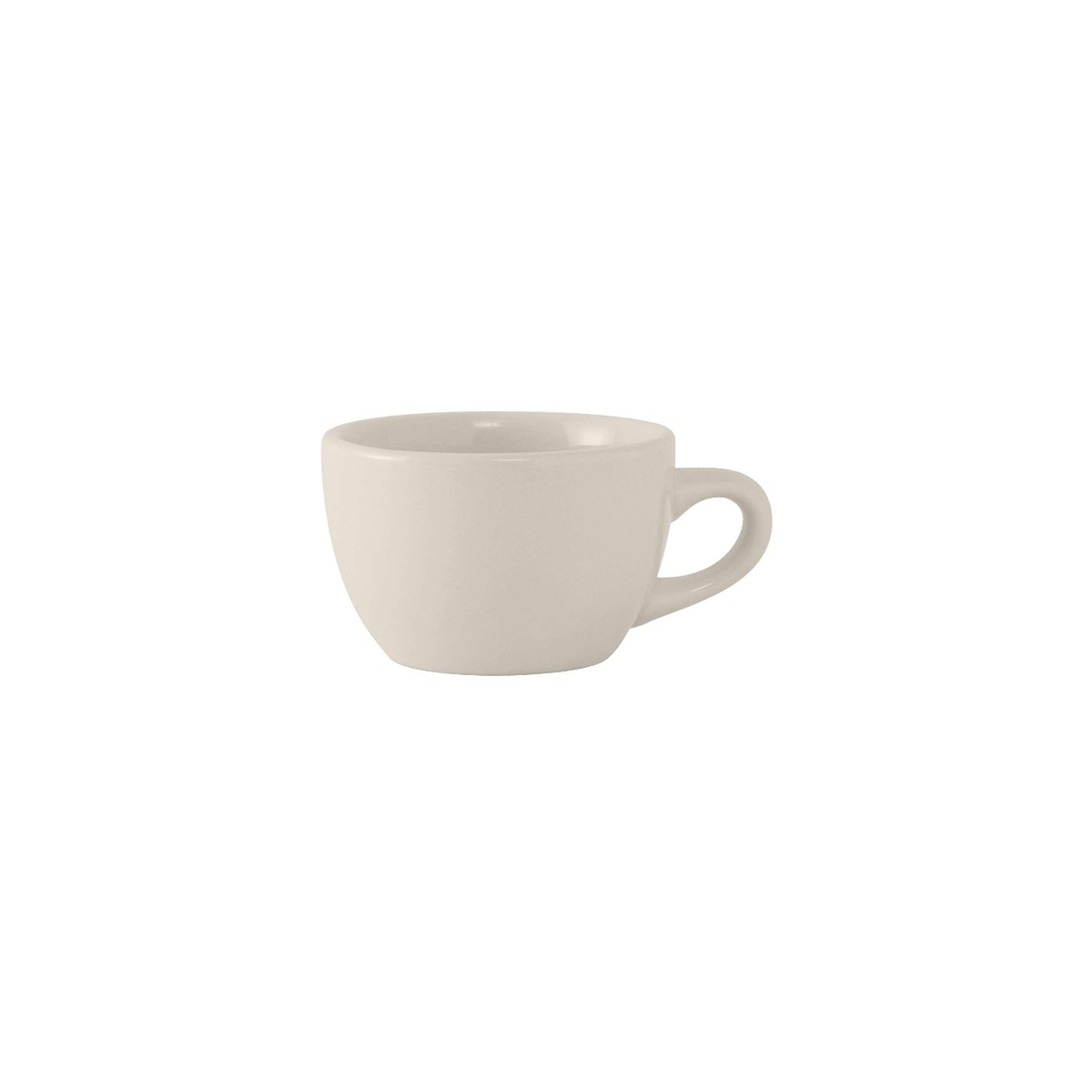 Tuxton TNR-001 Reno Nevada 7 oz eggshell round china cup with handle, glossy finish, side view on white background