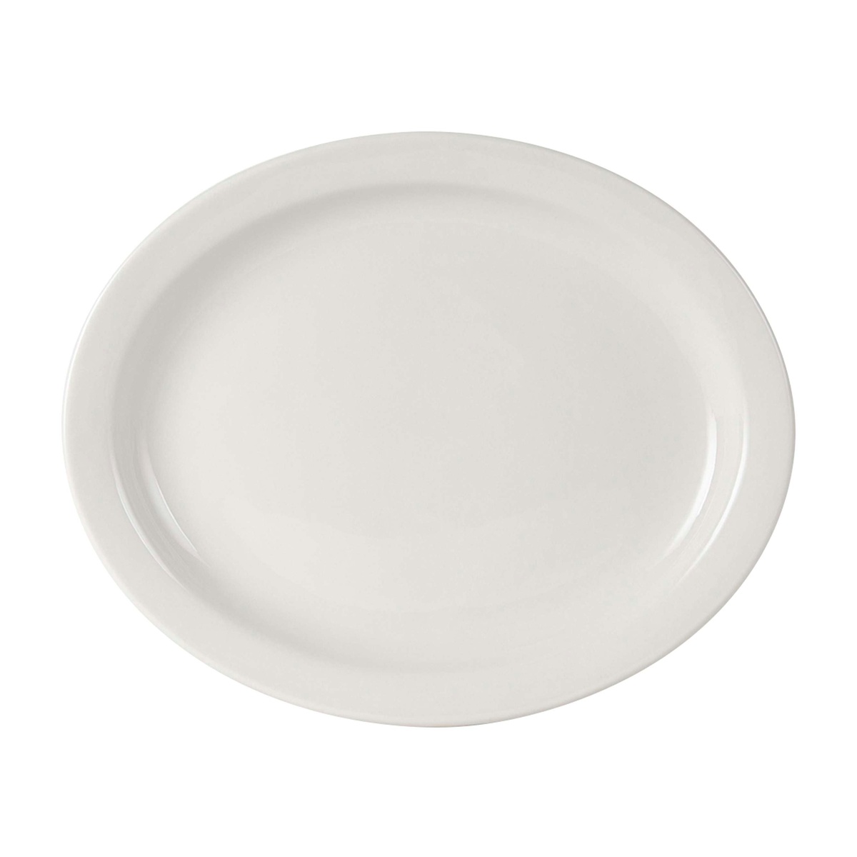 Tuxton Nevada oval platter in American white with narrow rim, top-down view on white background