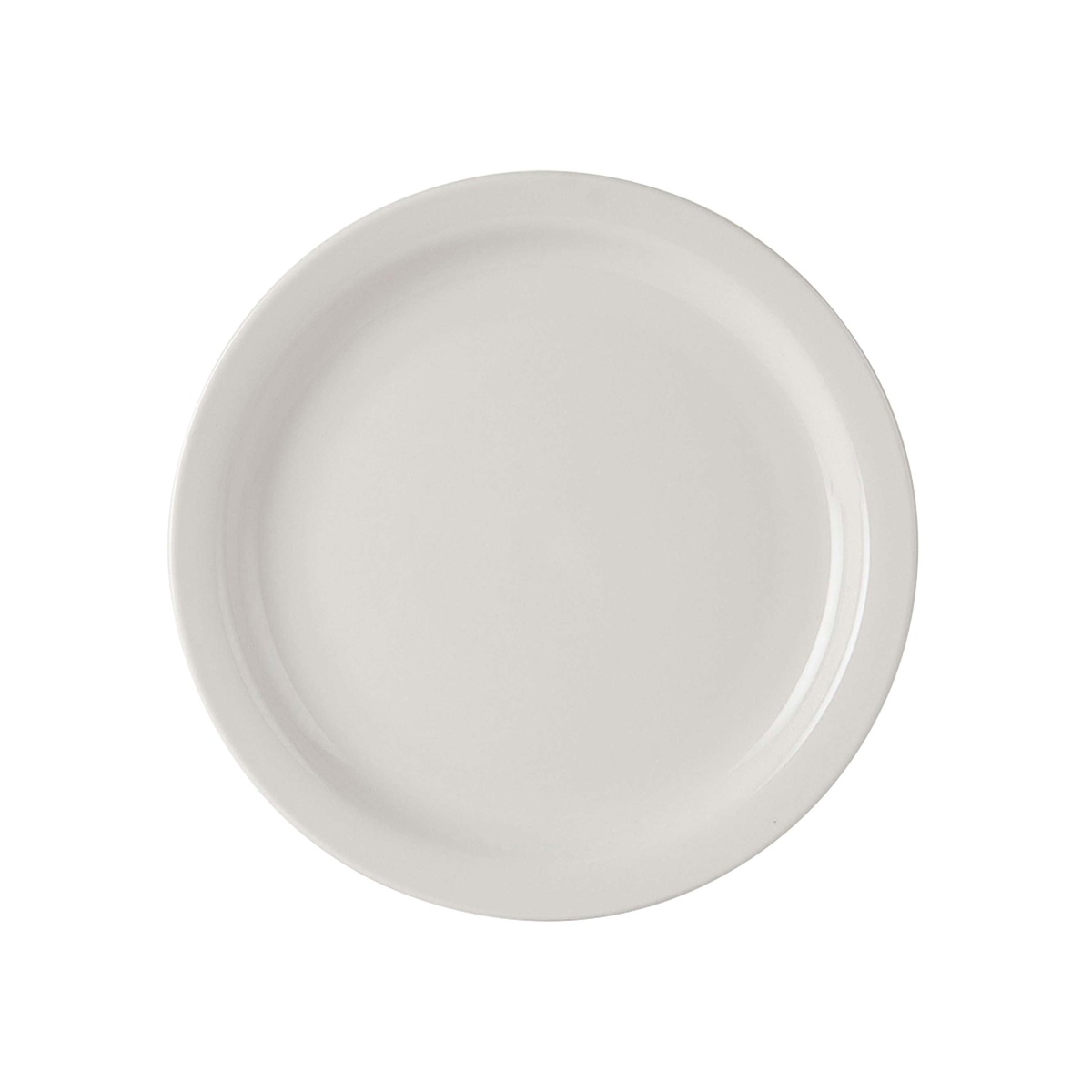 Tuxton Nevada white narrow rim china plate, top-down view showing clean rim profile