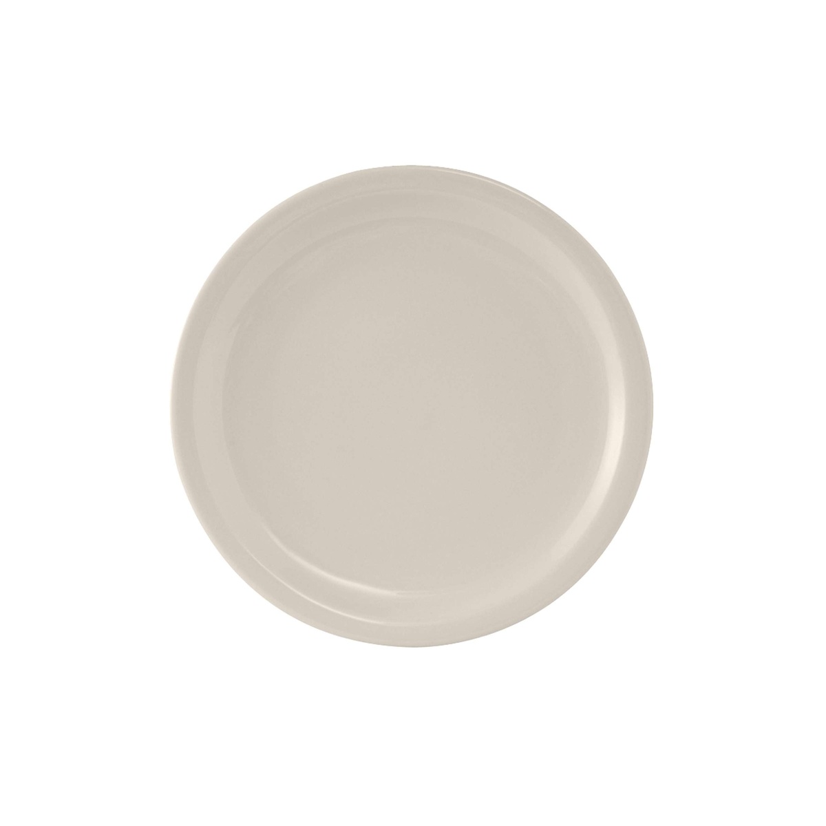 Tuxton Nevada eggshell narrow rim china plate, overhead view showing warm ivory tone