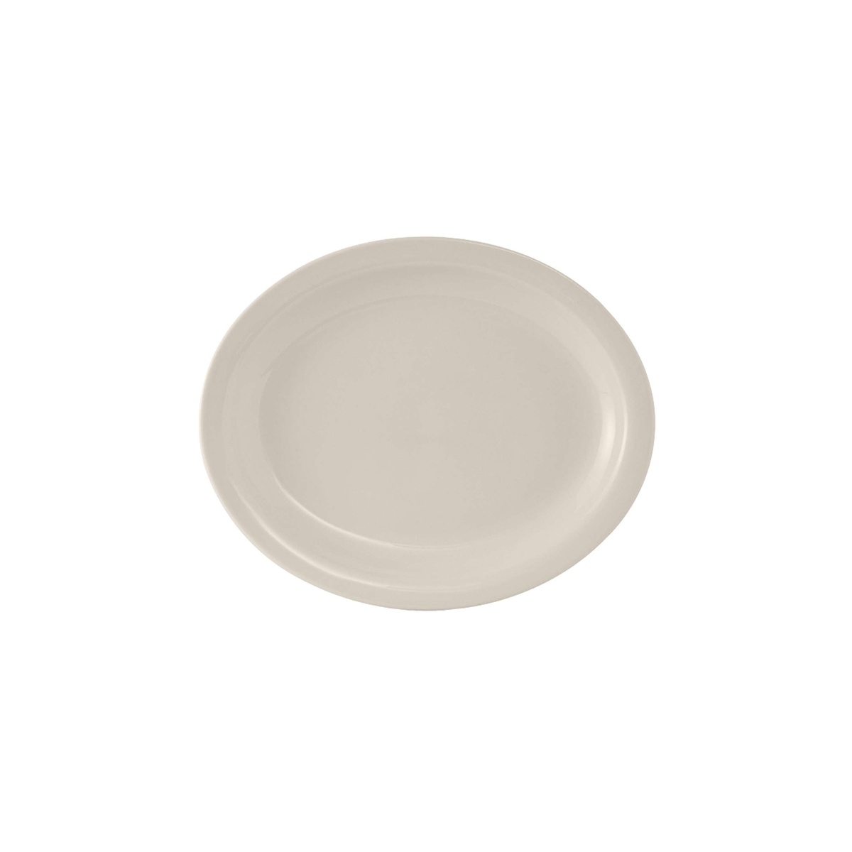 Tuxton TNR-040 oval narrow rim platter in American White/Eggshell, 7-1/8 by 5-3/4 inch, top view on white background