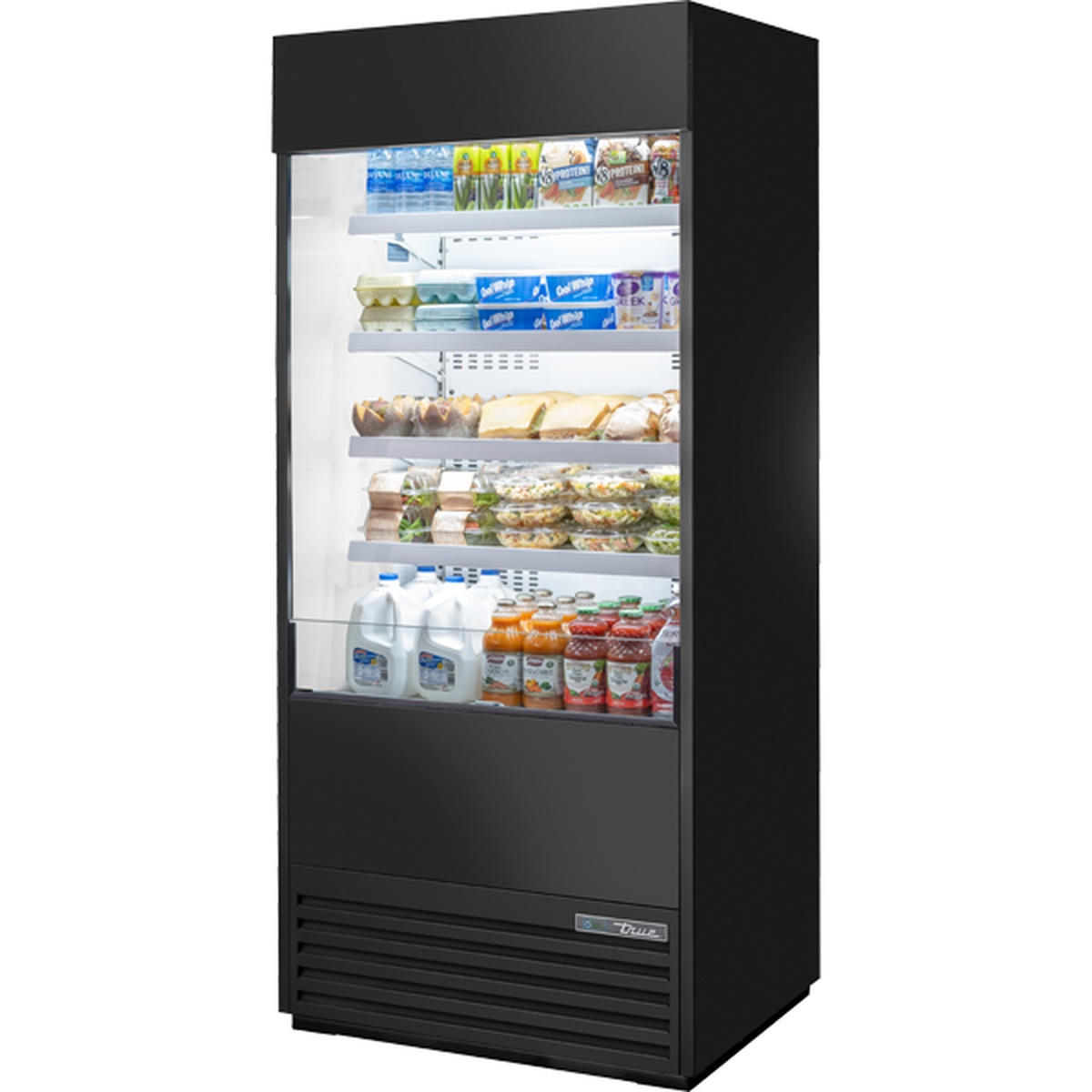 True TOAM-36-HC~NSL01 36-inch vertical open air refrigerated merchandiser with black exterior and illuminated interior stocked with beverages and grab-and-go foods