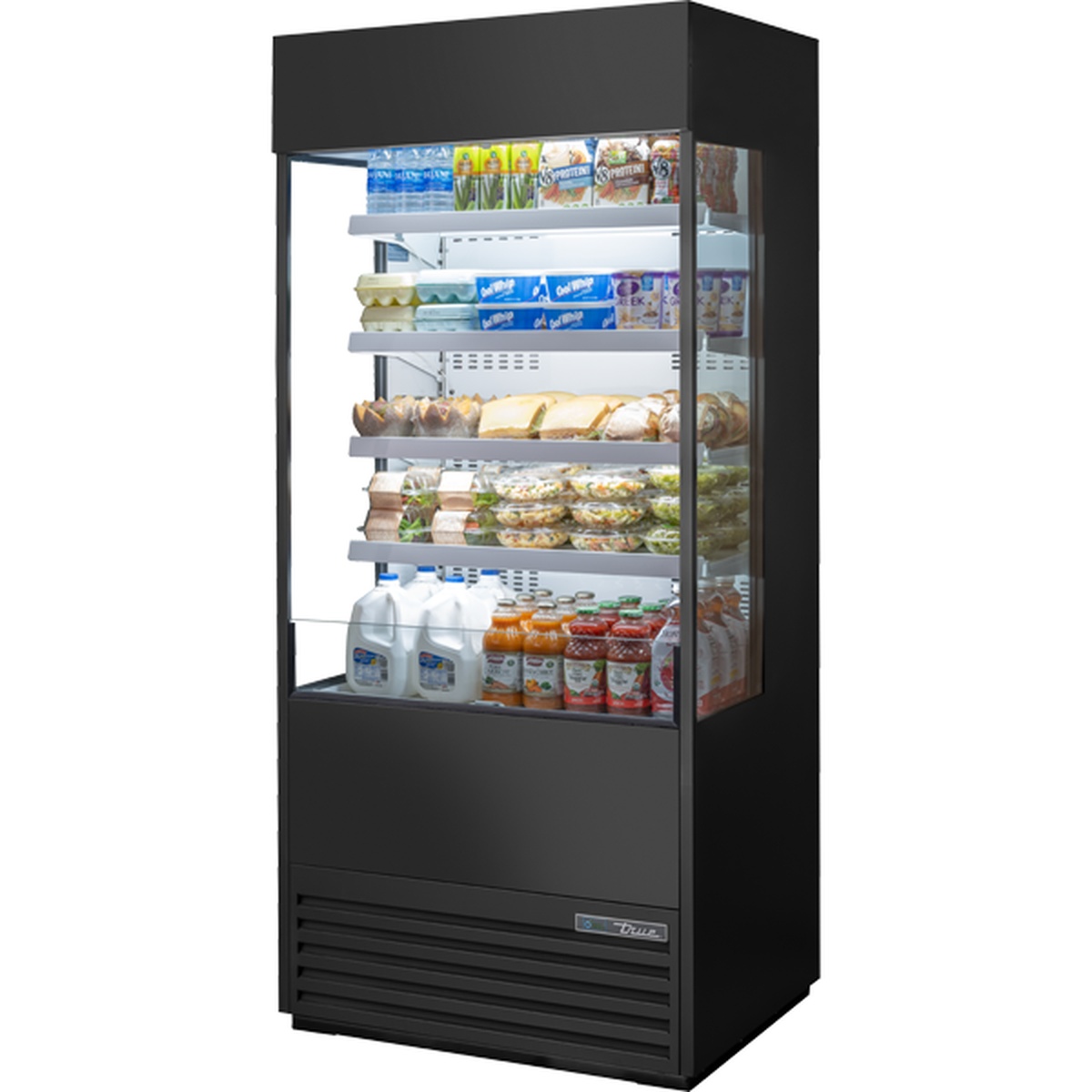 True TOAM-36GS-HC~NSL01 36-inch black open-air refrigerated merchandiser with glass sides, stocked with beverages, sandwiches, and dairy products across five display levels