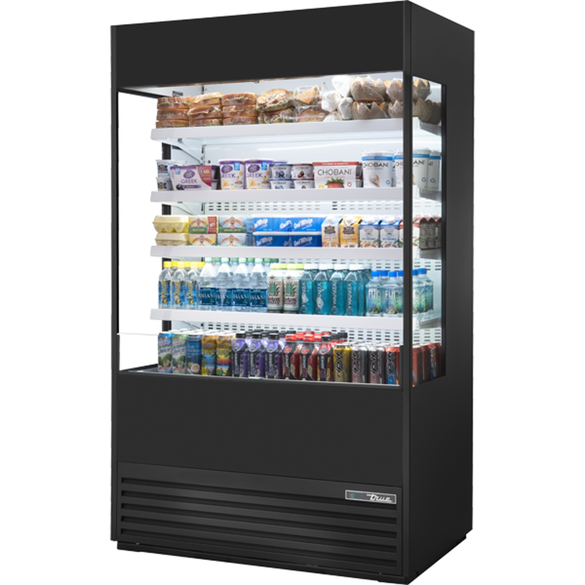True TOAM-48GS-HC~NSL01 48-inch black open-air refrigerated merchandiser with glass sides and four LED-lit shelves stocked with beverages and grab-and-go items