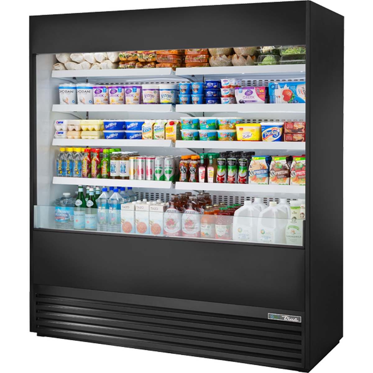 True TOAM-72-HC~NSL01 72-inch vertical open air black merchandiser fully stocked with dairy, beverages, and packaged foods across multiple illuminated white cantilever shelves