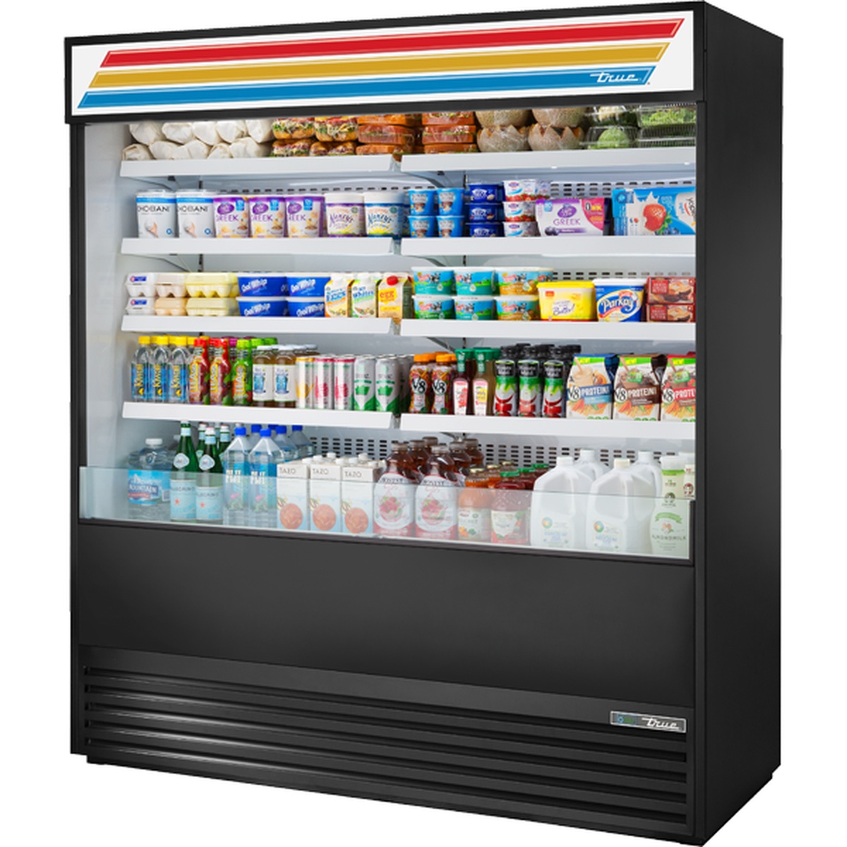 True TOAM-72-HC~TSL01 72-inch vertical open-air merchandiser with black exterior, white cantilever shelves stocked with beverages and dairy, and illuminated LED interior