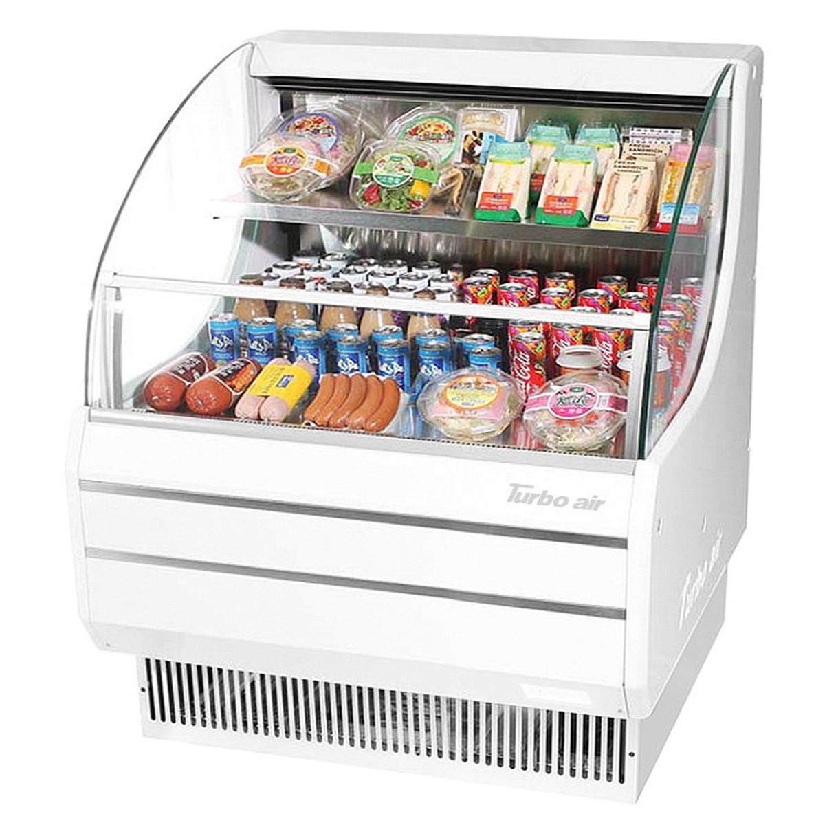 Turbo Air TOM-30LW(B)-N white horizontal open display merchandiser stocked with beverages, sandwiches, and prepared foods