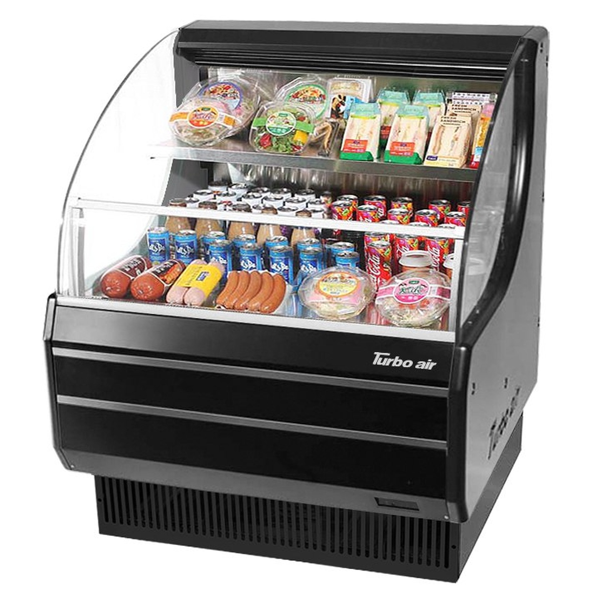 Turbo Air TOM-30LW(B)-N black horizontal open display merchandiser stocked with beverages, deli items, and packaged foods