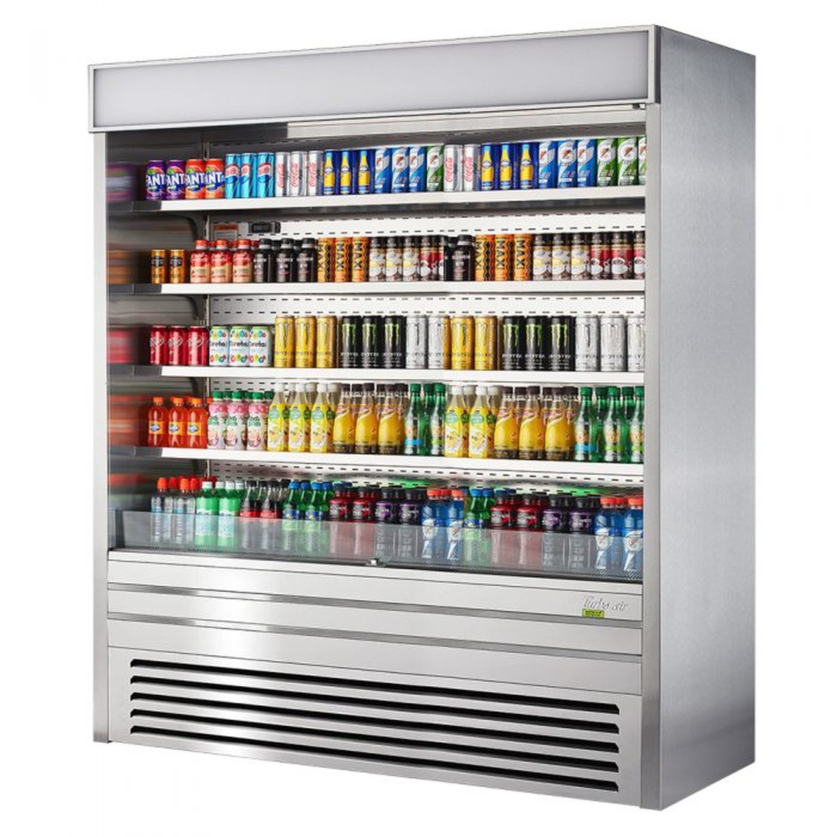 Turbo Air TOM-72ES-N 72-inch stainless steel vertical open air merchandiser stocked with beverages on multiple shelves