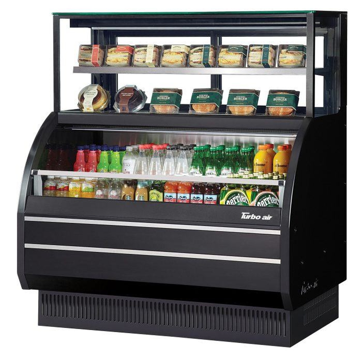 Turbo Air TOM-W-50SB-UF-N black open display combination merchandiser loaded with beverages and packaged food items