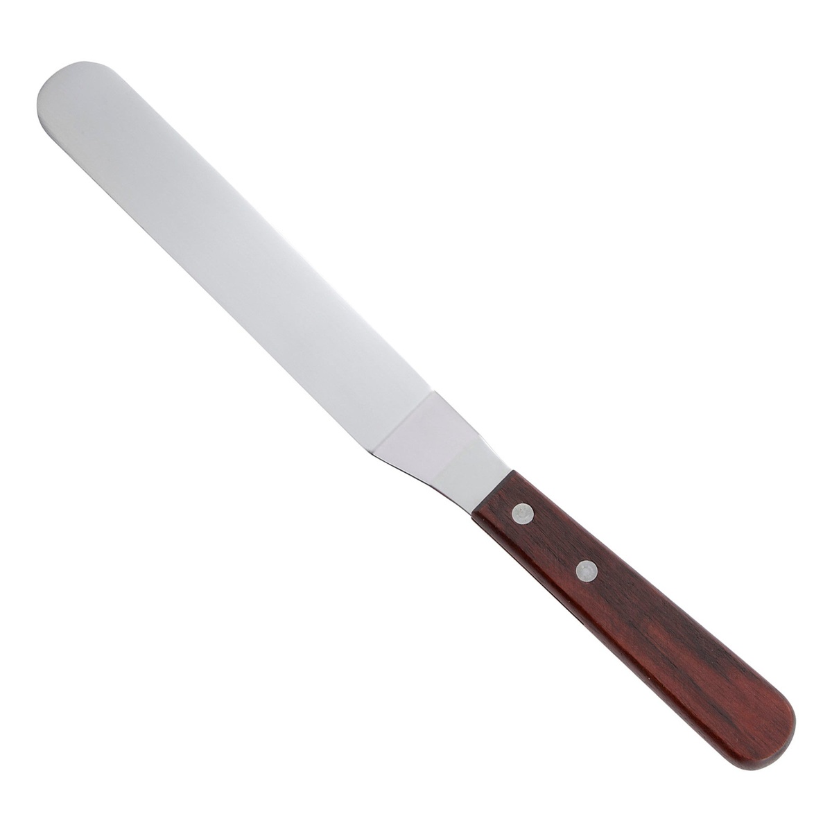 Winco TOS-7 offset spatula with satin-finish stainless steel blade and brown wooden handle