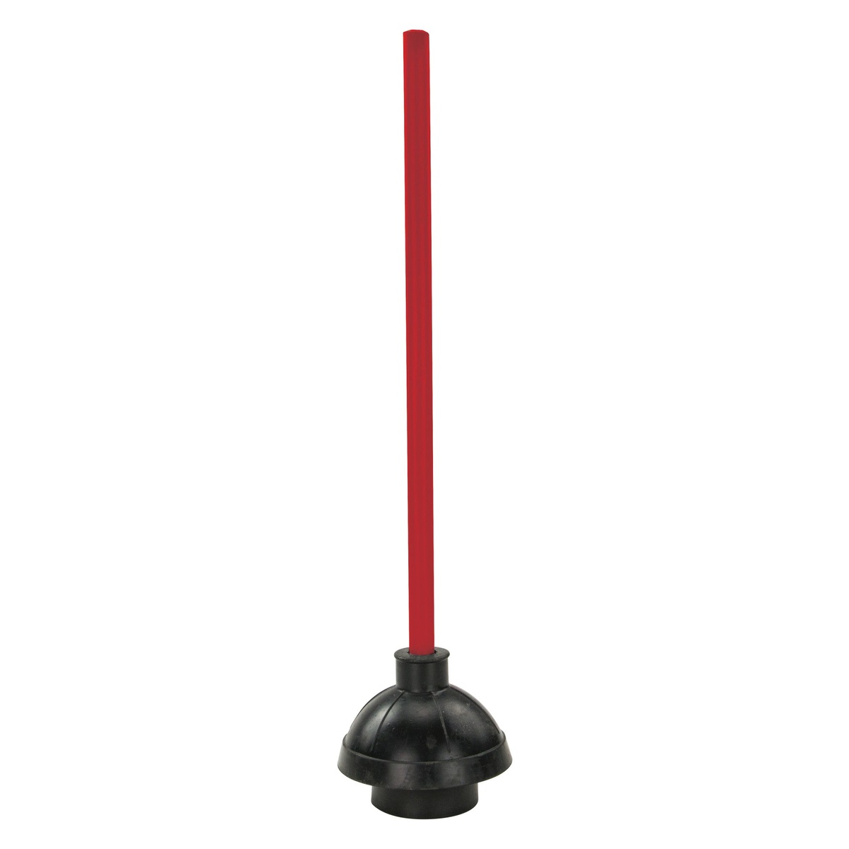 Winco TP-300 19-inch toilet plunger with black rubber flanged head and red wooden handle, full view on white background