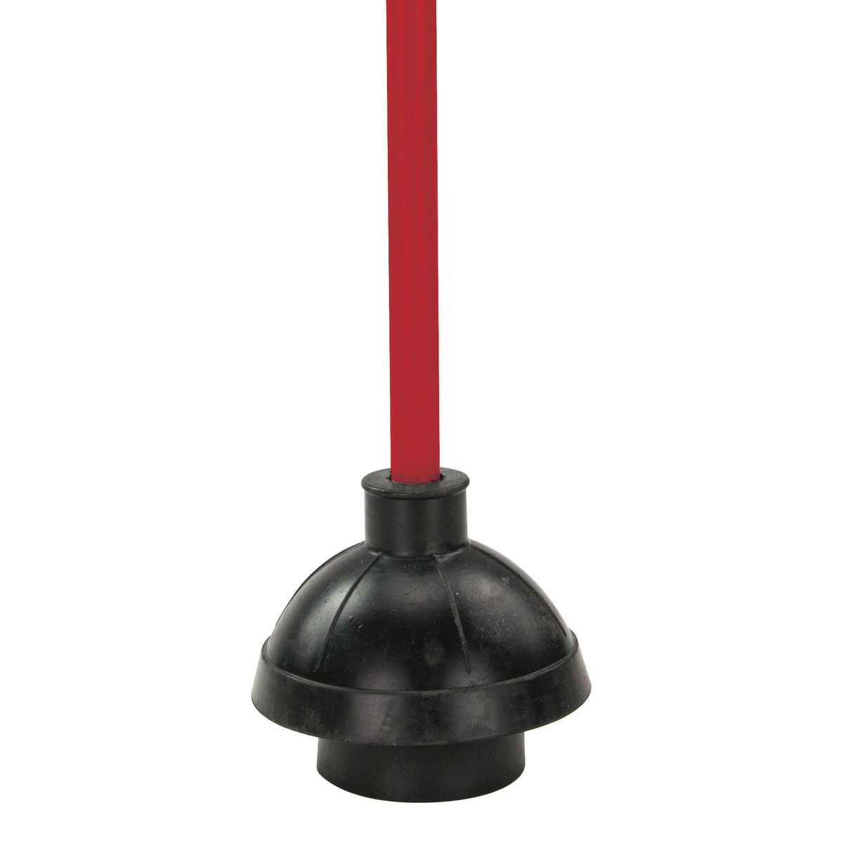 Close-up of the Winco TP-300 black rubber flanged plunger head showing multi-tier seal design on white background