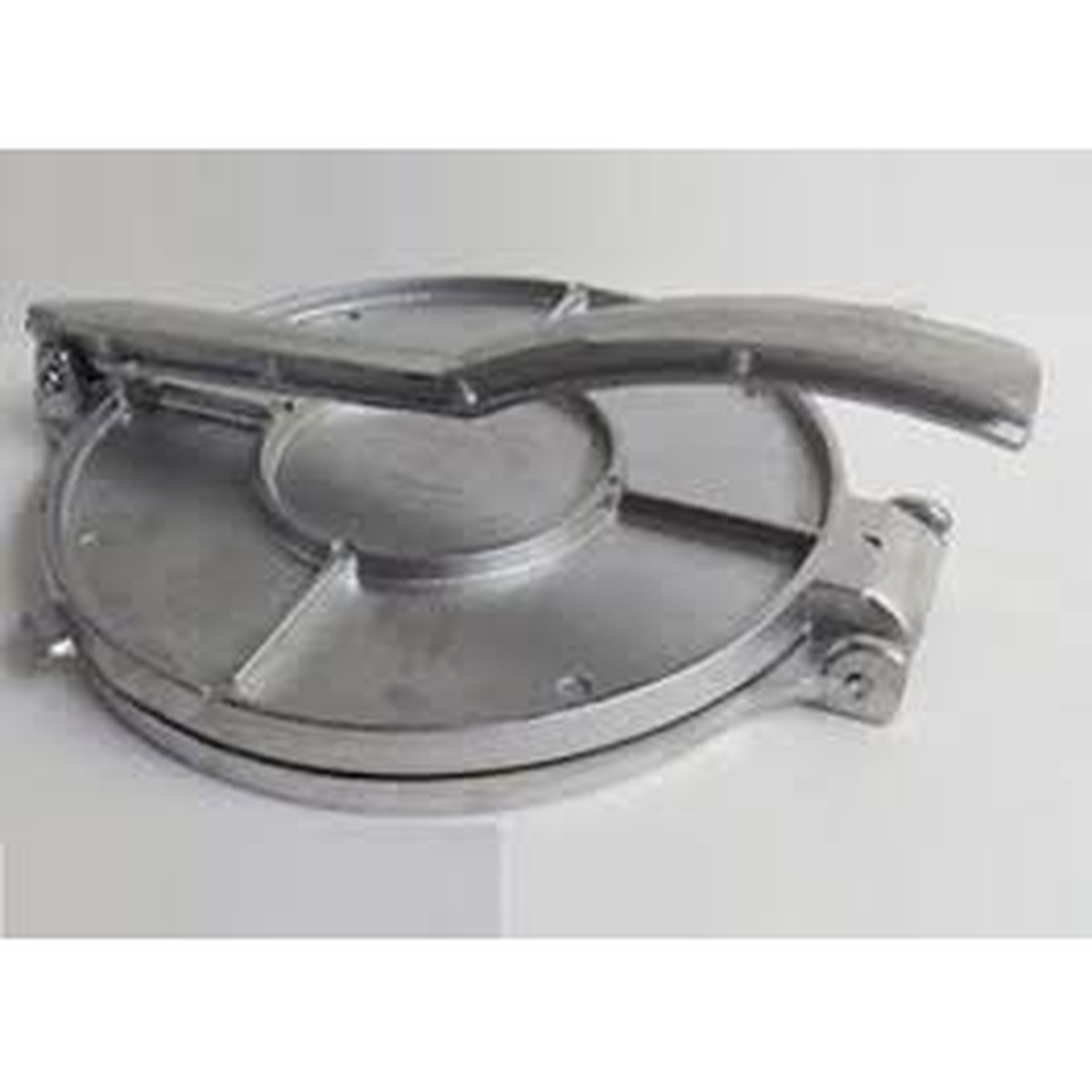 Ra Chand TP8 cast aluminum tortilla press assembled, showing lever and circular pressing plates