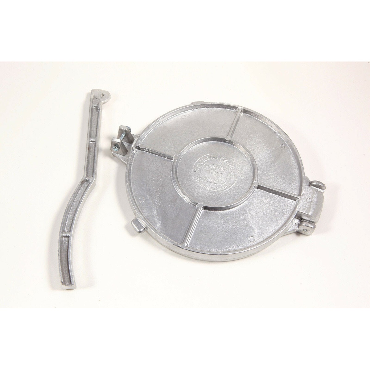 Ra Chand TP8 tortilla press with lever handle detached, showing both cast aluminum pressing disc and curved lever arm
