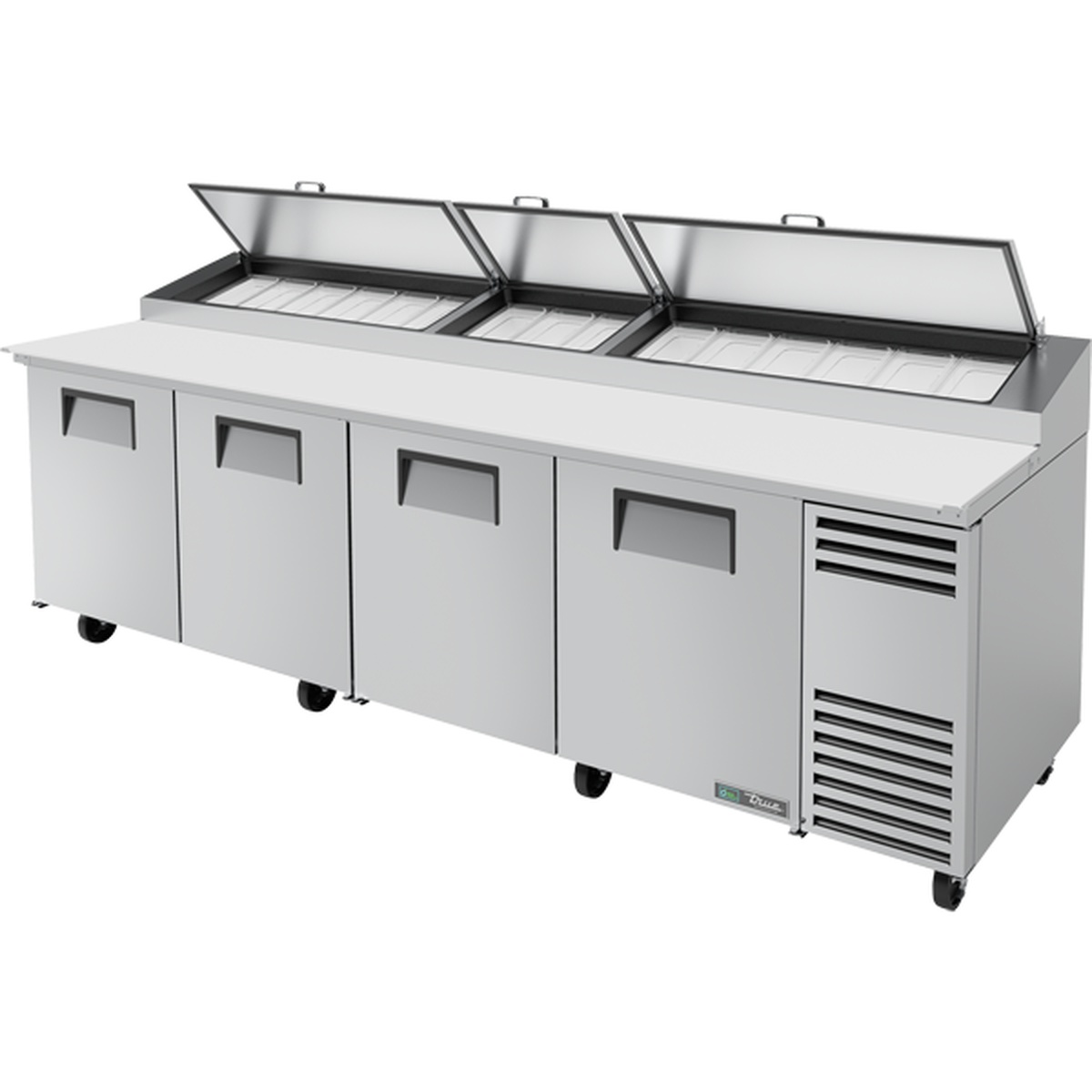 True TPP-AT-119-HC 4-door refrigerated pizza prep table with angled foam-insulated lids open, showing 1/3-size insert pan rail and stainless steel work surface