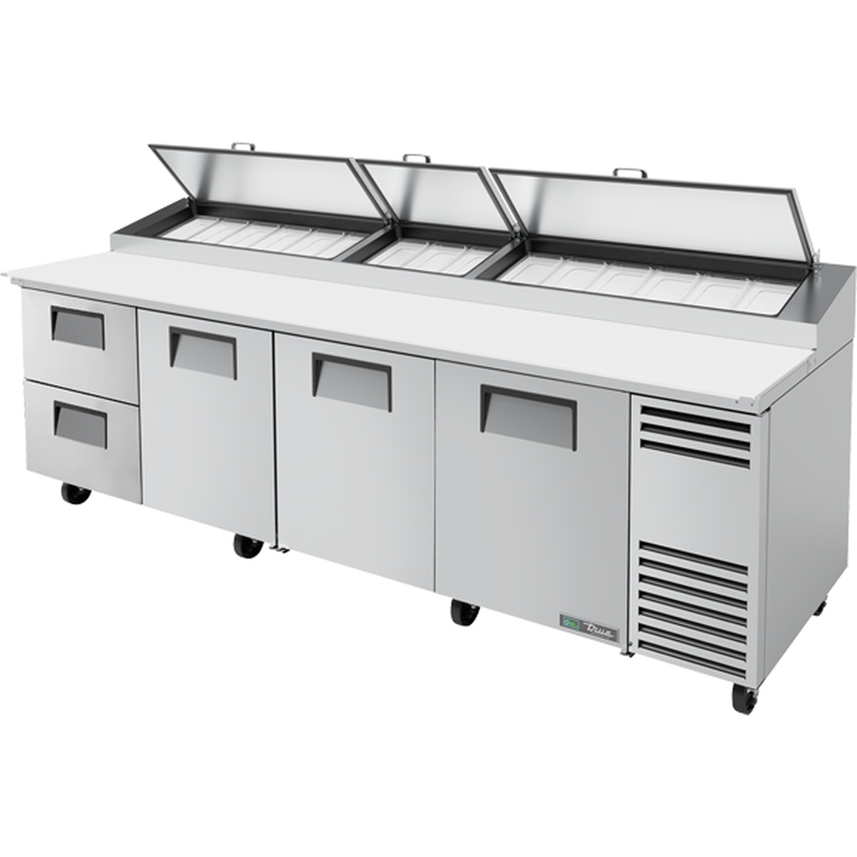 True TPP-AT-119D-2-HC 119-inch pizza prep table with open foam-insulated lids revealing pan rail, two stacked drawers on left, and two solid doors on right