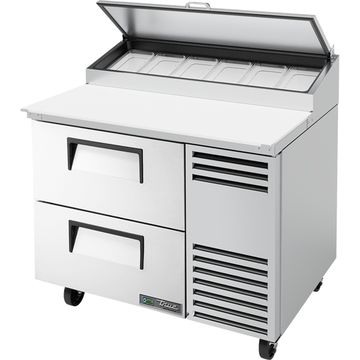 True Manufacturing TPP-AT-44D-2-HC pizza prep table with open angled lid revealing six polycarbonate insert pans and two solid drawers on casters