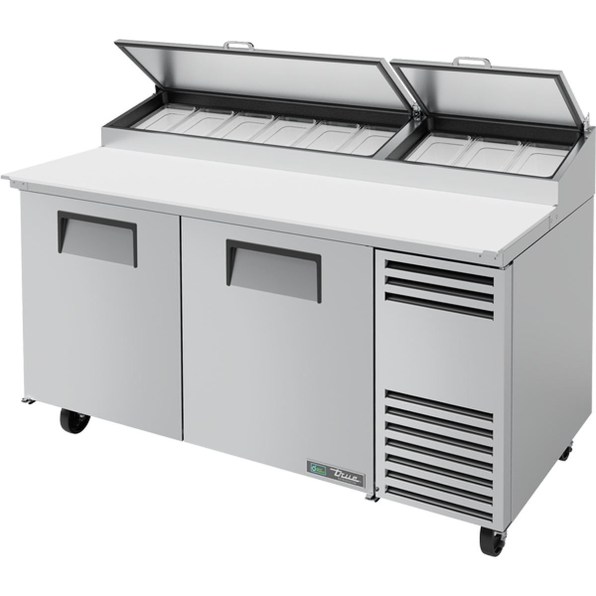 True TPP-AT-67-HC 67-inch pizza prep table with dual refrigerated doors, open hinged topping pan lids, and nine insert pans, shown on casters