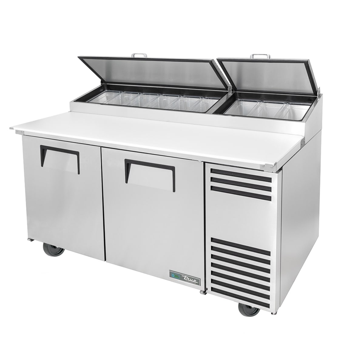 True TPP-AT-67-HC pizza prep table with dual angled lids and refrigerated pan rail