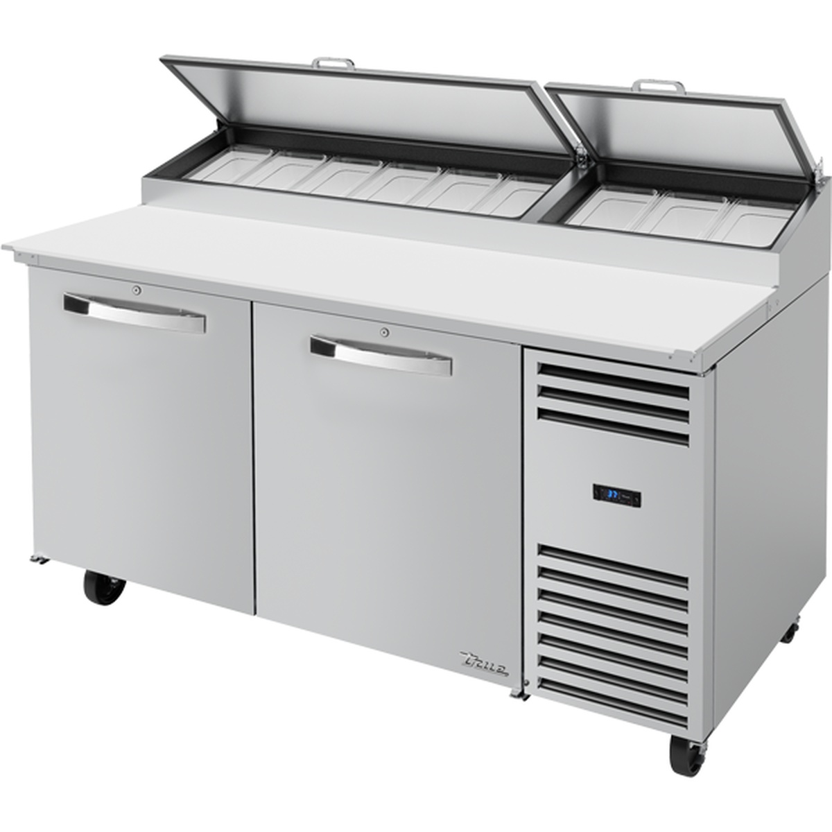 True TPP-AT-67-HC~SPEC3 67-inch two solid door pizza prep table with angled lids open showing insert pan rail and stainless steel exterior