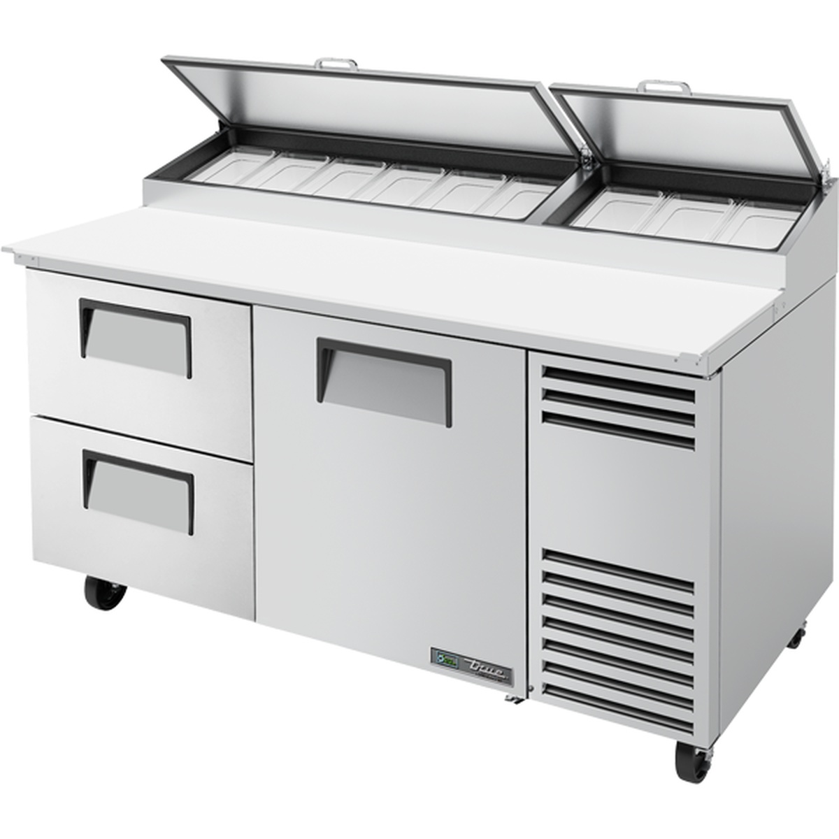 True TPP-AT-67D-2-HC 67-inch refrigerated pizza prep table with angled top lids open revealing nine food pans, two drawers on the left, one solid door in the center, and front-discharge ventilation grille