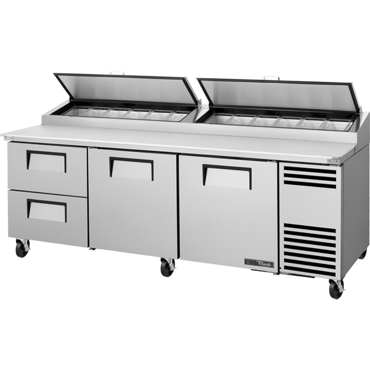 True TPP-AT2-93D-2-HC 93.5-inch stainless steel refrigerated pizza prep table with two drawers, two solid doors, angled lid pan rail with open polycarbonate inserts, and caster wheels