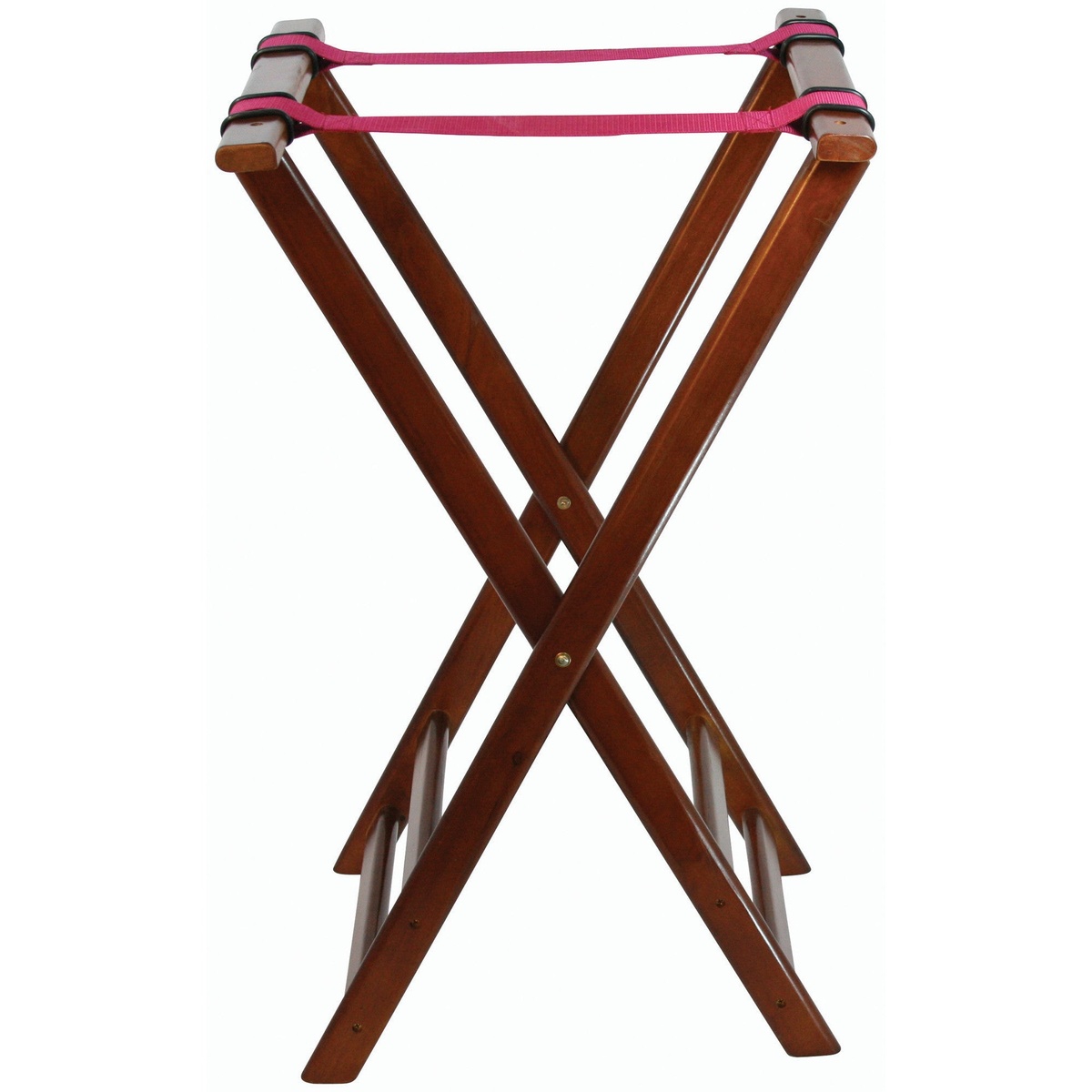 Winco TR-33W folding tray stand with walnut finish rubberwood frame and red support strap, shown open on white background
