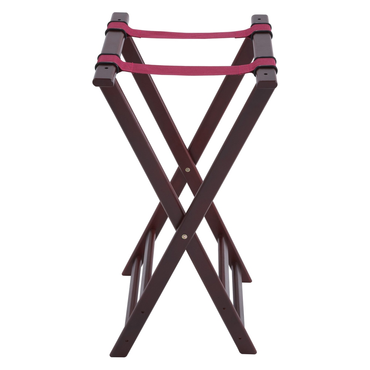 Winco TR-34W folding tray stand in mahogany finish with burgundy nylon straps, fully open on white background